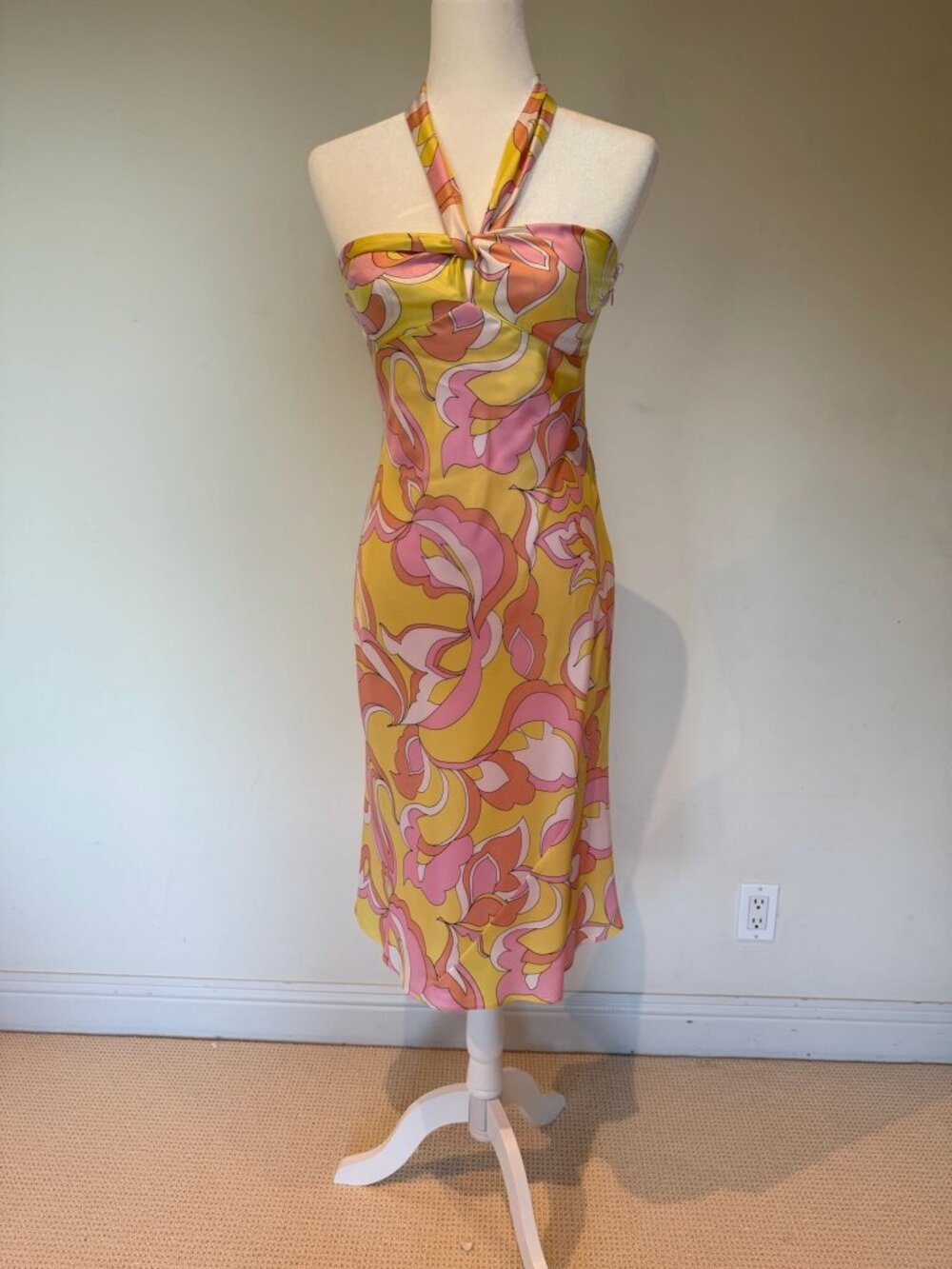 Laundry by Shelli Segal 100% Silk Halter Dress Pink Retro Print Size 2